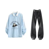 Далекий Небесный Лазурь + Угольный Черный Брюки