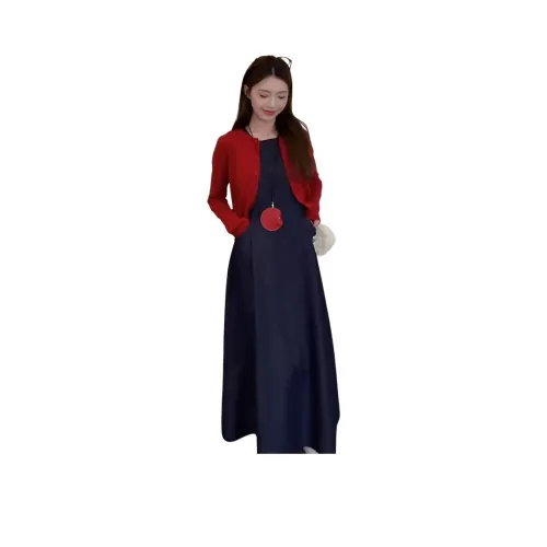 MISSHONEY MH Комплект с юбкой Синий Платье + Красный Кардиган Женские Юбочные Комплекты