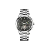 Серебряный корпус с черным циферблатом.