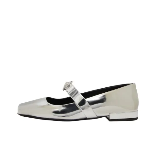 VERSACE Gianni Ribbon Van Vleet Грубый каблук Туфли Мэри Джейн Женские Серебристые