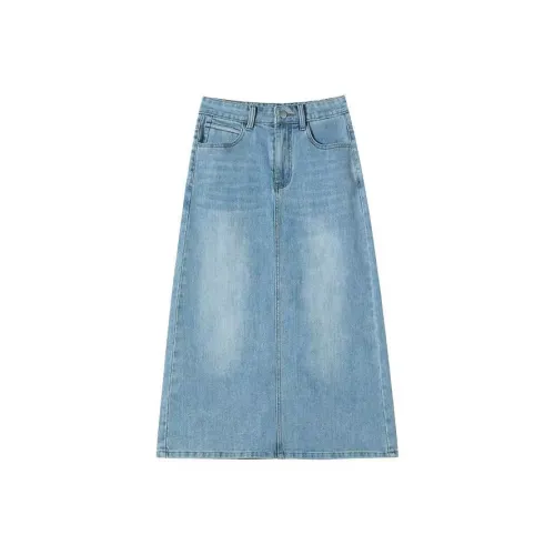 Мед Светло-Синий Женские Джинсовые Длинные Юбки