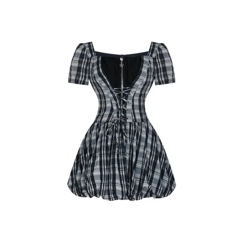 Клетчатый, юбка, женские, короткий рукав, платья