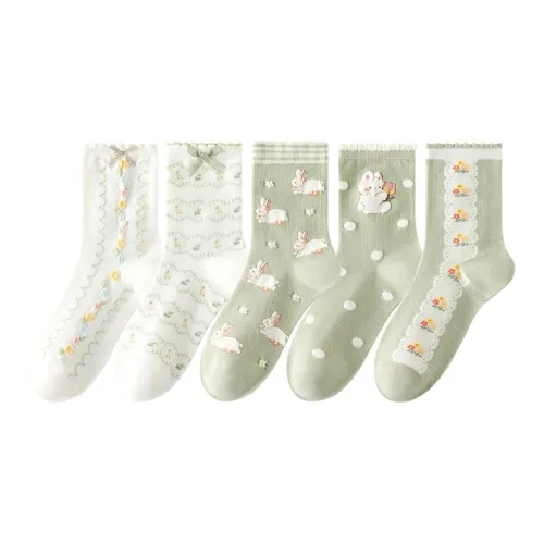 Caramella Комбо 3 Стиль Мори Зеленый [5 пар] Женские носки MID до икры