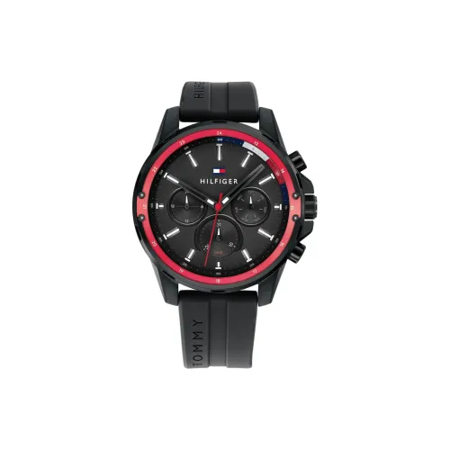 Tommy Hilfiger Мужские часы Кварцевый механизм Силиконовый ремешок 45 мм Черный циферблат