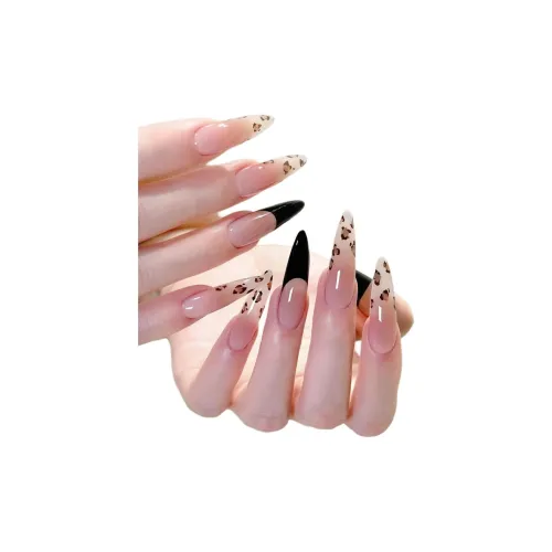 Suiyiie Handcrafted False Nail Простой черный Французский Леопардовый принт Городской Шик Стиль Румяна Nail Art Миндаль