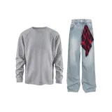 Gray Top + Blue Jeans [Detachable Square Scarf]  
Серый топ + синие джинсы [съемный квадратный шарф]