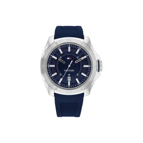 Tommy Hilfiger Мужские часы Кварцевый механизм Силиконовый ремешок 49 мм Синий циферблат