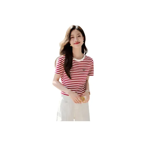 Mo Han Yi Mei Красный и Белый Полосы Женские T-Рубашки