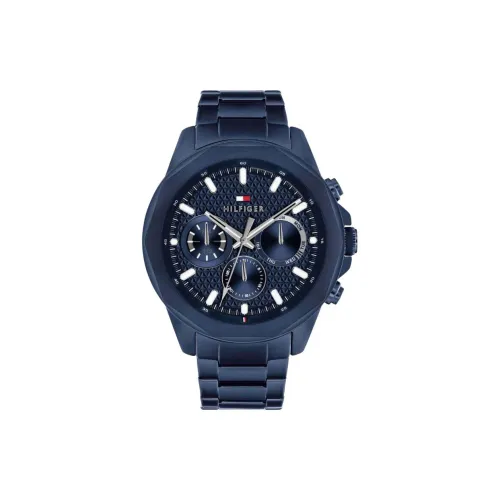 Tommy Hilfiger Мужские часы Кварцевый механизм Ремешок из нержавеющей стали 46 мм Синий циферблат