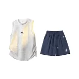 Комплект (Белый топ + Темно-синие штаны)