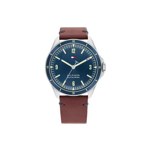Tommy Hilfiger Мужские часы Кварцевый механизм Естественная кожа Ремешок 43 мм Синий циферблат