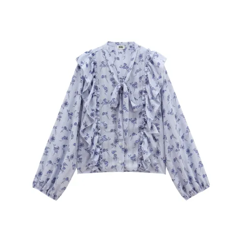 Wbwq Голубой цветок Женские Шифоновые рубашки