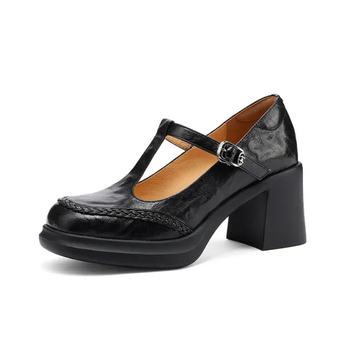 YIKEFEI Винтаж Британский стиль Грубый каблук Лоферы Круглый носок Без подкладки Обувь с ремешками