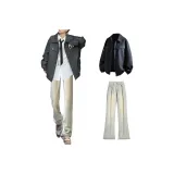 Чёрные и серые куртки и пальто + жёлтые грязные джинсы