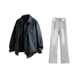 Чёрные куртки и пальто + дымчато-серые джинсы