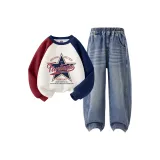 Винтаж Звезда Красный Синий + Однотонный Джинсовый Синий