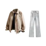 Хаки Куртки и Пальто + Дымчато-Серые Джинсы