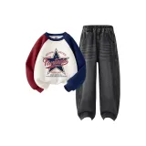 Винтаж Звезда Красный Синий + Однотонный Черный