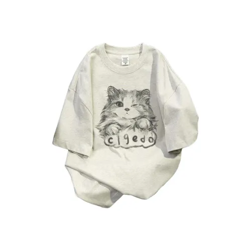 NRXX Мужская одежда Тяжелый 100% хлопок Кошка С принтом Топ Casual Sports Круглый вырез Свободный крой Мужской