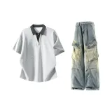 Светло-серый с короткими рукавами + винтажные синие штаны