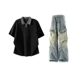 Черная рубашка с короткими рукавами + винтажные синие штаны