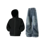 Чёрный свитшот + винтажные синие джинсы