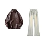 Кофейный кожаный куртка + желтые грязные джинсы