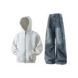 Белый Фотиния Серый Свитшот + Винтажные Синие Джинсы