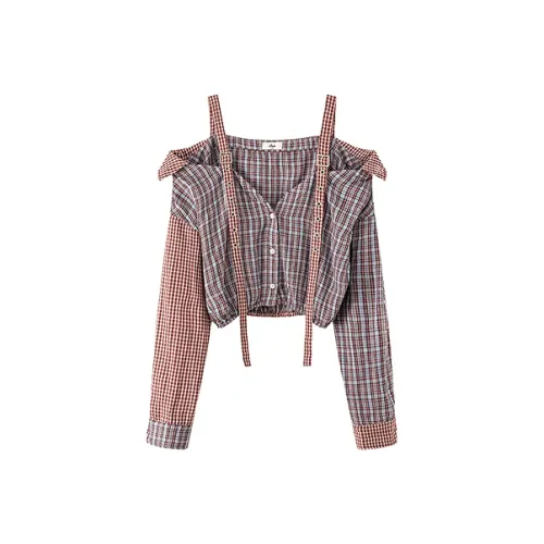 CHUU Красная клетка Женские рубашки