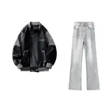 Чёрная куртка + дымчато-серые джинсы