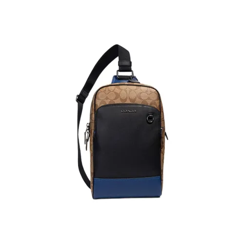 COACH Graham Покрытый холст Sling Сумка Сумка через плечо Большая Мужская Хаки Черный Синий Многоцветный