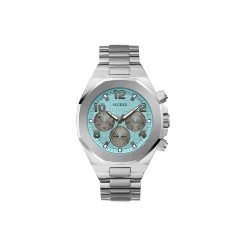 GUESS Мужские часы Кварцевый механизм Ремешок из нержавеющей стали 46 мм Синий циферблат