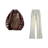 Кофейная куртка + желтые грязные джинсы