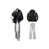 Чёрная куртка + дымчато-серые джинсы