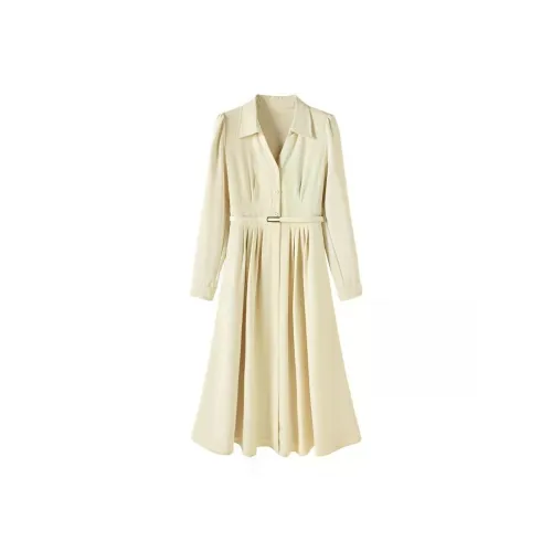 Светло-желтые женские длинные платья с длинными рукавами