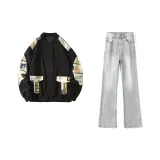 Чёрная куртка + дымчато-серые джинсы