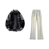 Чёрная куртка + жёлтые джинсы цвета глины