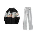 Чёрная куртка + дымчато-серые джинсы