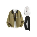 Хаки + Белый + Черный Повседневная рубашка + Повседневные штаны