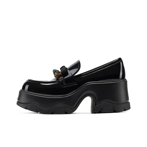 GG CC Платформа Бусины Маленькие Кожаные Туфли с Увеличением Высоты Лоферы 7,5 см Женские Черные