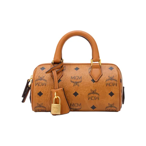 MCM Ella Холст с кожей Бостонская сумка Сумка через плечо Сумка Мини Женская Коричневый Коньяк