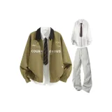 Хаки + Белый + Светло-Серый Повседневная Рубашка + Брюки