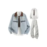 Далекая Небесная Лазурь + Белая Рубашка + Светло-Серые Повседневные Штаны