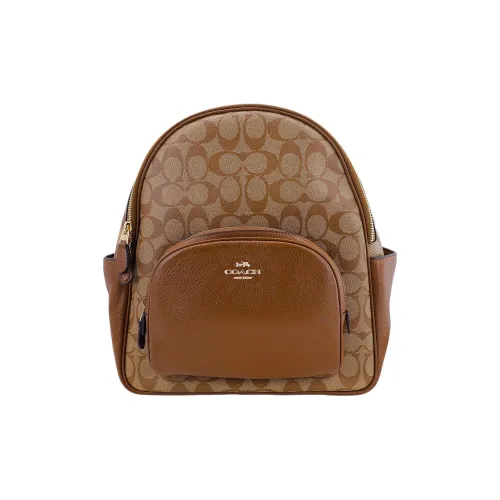 COACH Court Покрытый холст с утонченной кожей средний рюкзак женский коричневый монограмма