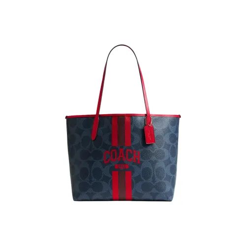 COACH Городская Сумка Tote из покрытого холста Сумка для покупок Сумка через плечо Большая Женская Джинсовая Синяя