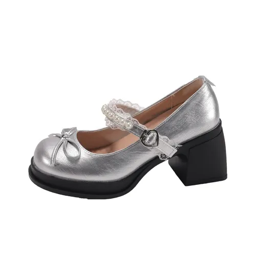 NX DOUGHNUT Грубый каблук Французский Жемчужный бантик Грубый каблук Mary Jane Обувь без подкладки Высокие каблуки Маленький Кожаные туфли Женские