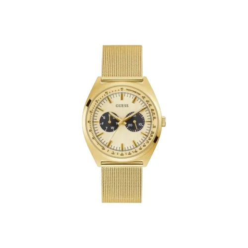 GUESS Мужские часы Кварцевый механизм Ремешок из нержавеющей стали 42 мм Золотистый циферблат