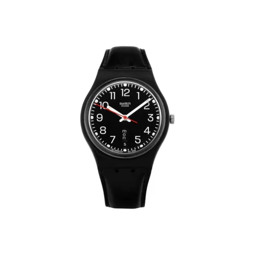 Swatch Quartz Механизм Женские часы 31 мм Черный циферблат Пластиковый корпус Часы Коричневый ремешок из коровьей кожи