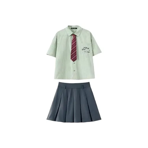 Подростки Meter Корейский стиль Преппи стиль Зеленые полосы Короткий рукав Комплект с юбкой