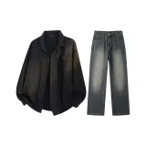 Комплект (Черная рубашка + винтажные синие штаны)